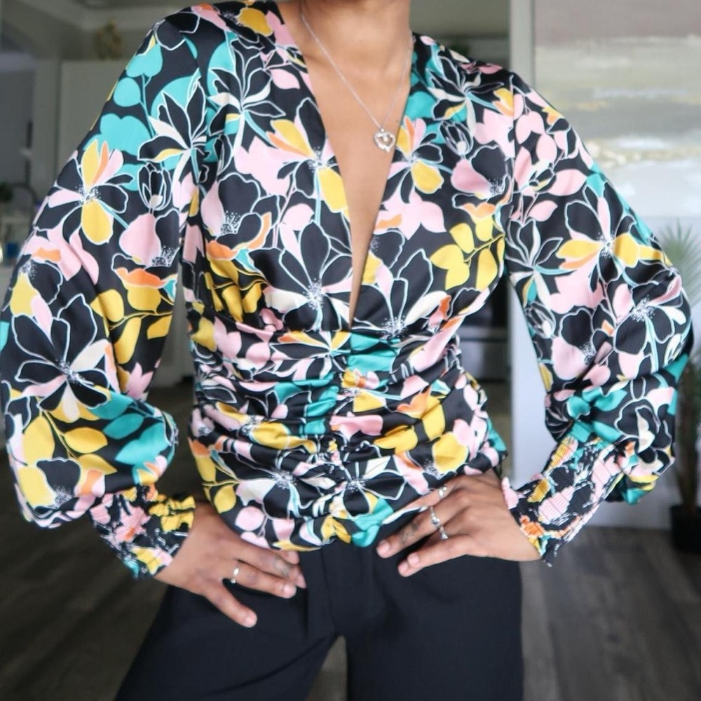 Satin Floral V-Neck Blouse in Black Multi